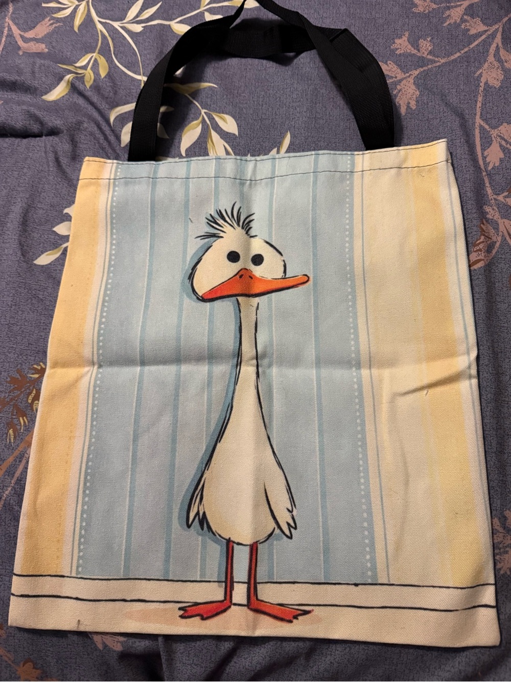 Canvas Duck Print Tote Bag in Yellow & Light Blue